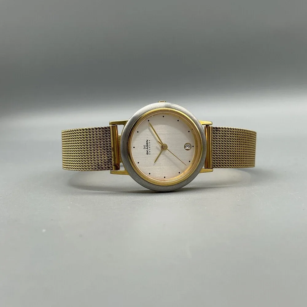 Skagen 16SGS Womens Watch 28mm Silver Gold Tone Mesh Band Date New Battery